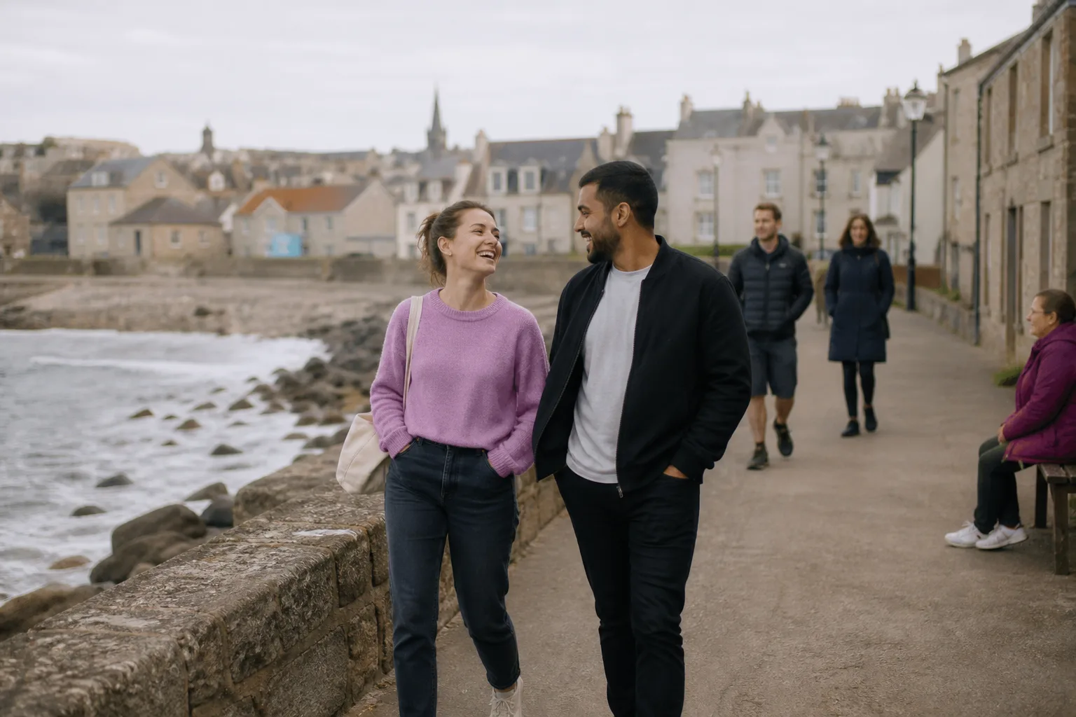 Two people talking over coffee in central Aberdeen