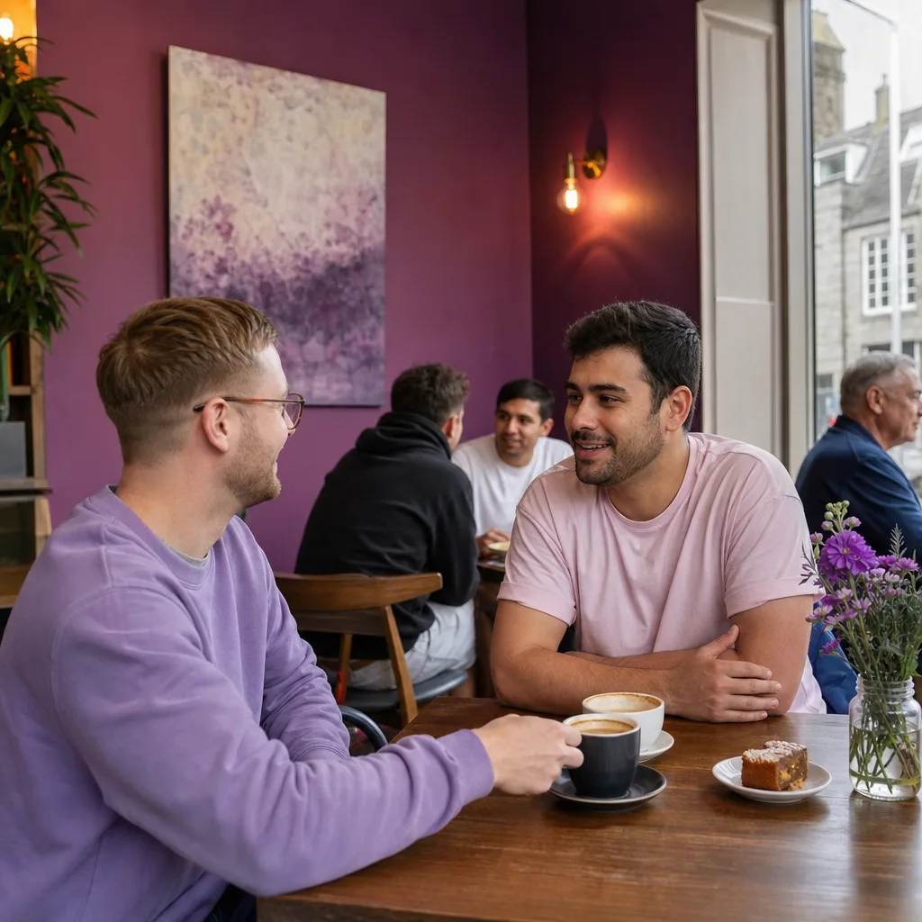 Two local men talking during a relaxed first meeting in Aberdeen