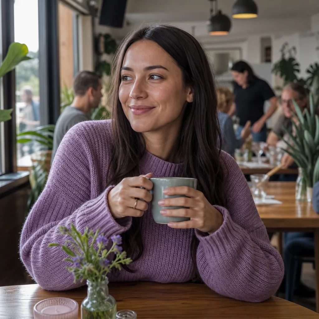Woman checking a dating profile on her phone in an Aberdeen café